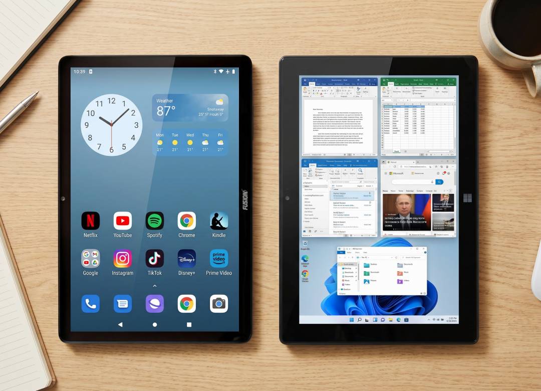 Windows 11 tablet vs Android tablet comparison showing productivity apps and entertainment apps side by side