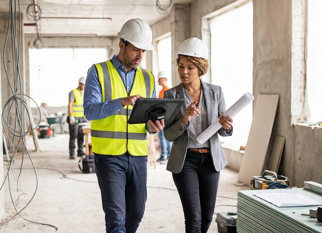 Commercial interior designers reviewing plans on a Fusion5 rugged Windows tablet during a construction site walkthrough
