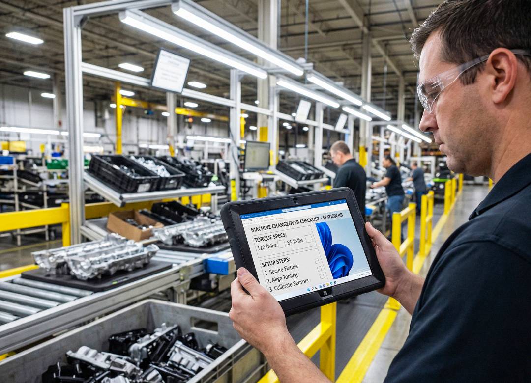 Technician using a rugged Windows tablet to follow a changeover checklist on an auto parts manufacturing assembly line