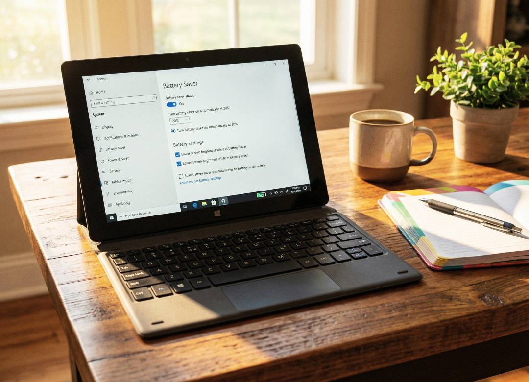 Windows tablet with keyboard dock showing battery saver settings on a desk in a home office