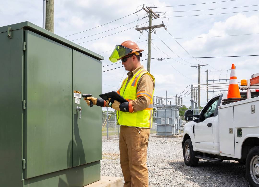 Field technician using a Fusion5 rugged Windows tablet to inspect electrical utility equipment and manage field service work orders