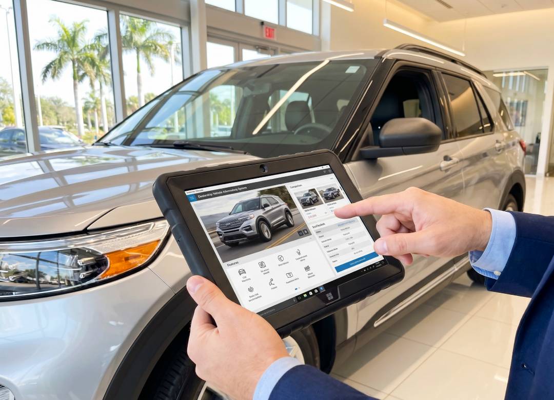 Car salesperson using a rugged Windows tablet to view vehicle details beside an SUV in a modern car dealership showroom