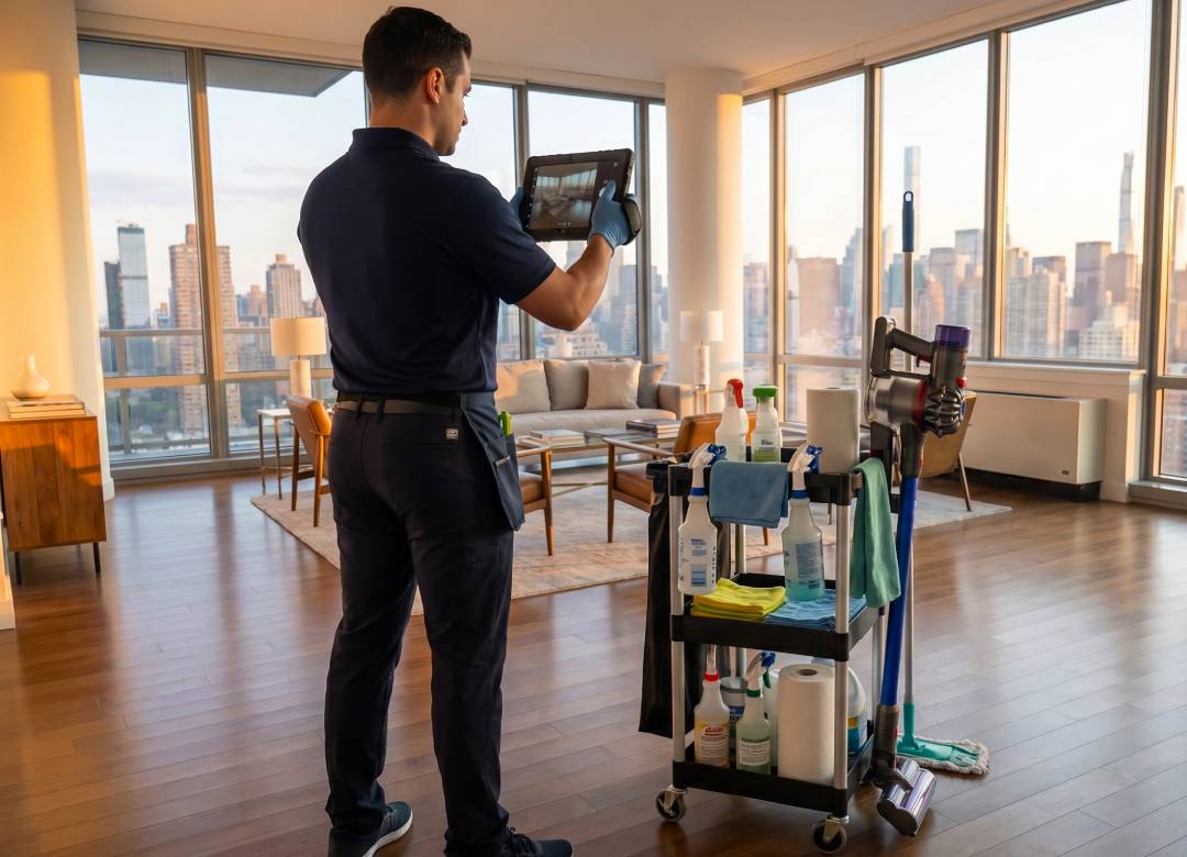 Cleaning professional using a rugged Windows tablet to document photo proof in a high-rise apartment with cleaning supplies nearby