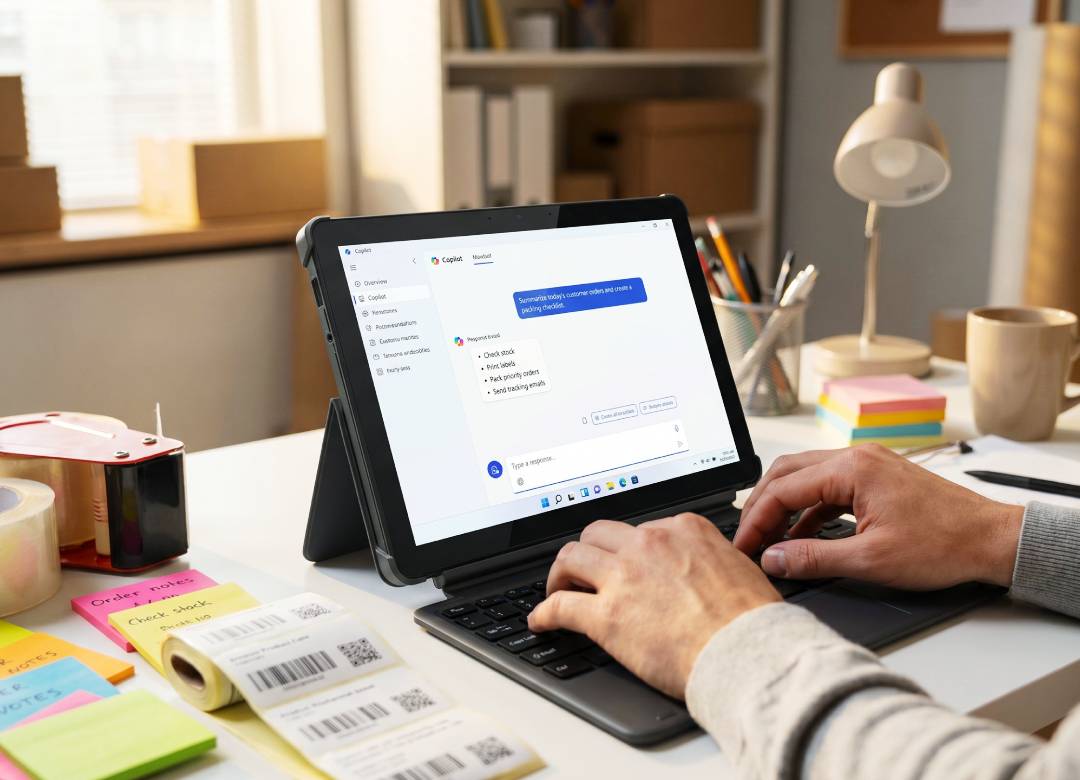 Fusion5 Helios10 10.1-inch Windows tablet with docking keyboard showing Microsoft Copilot for small business tasks