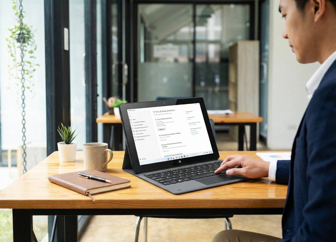 Business professional using a Fusion5 Windows tablet with docking keyboard displaying Windows 11 security settings in a corporate office workspace