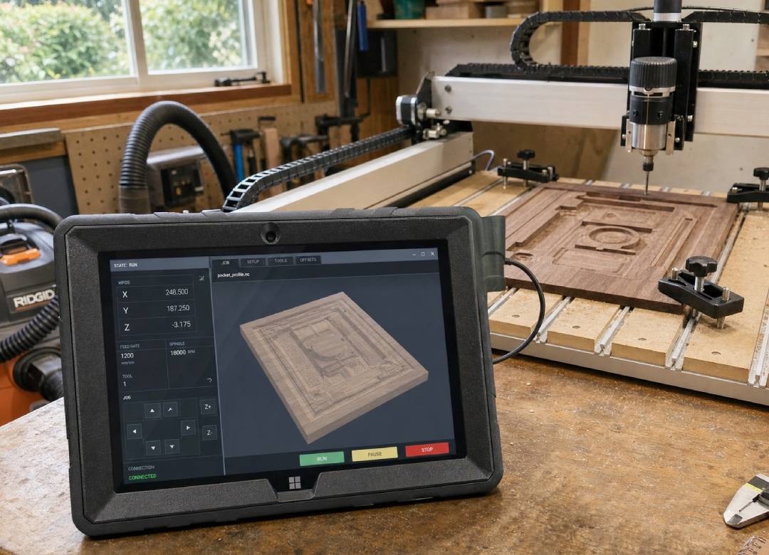 Fusion5 rugged Windows tablet beside a desktop CNC router in a compact home workshop