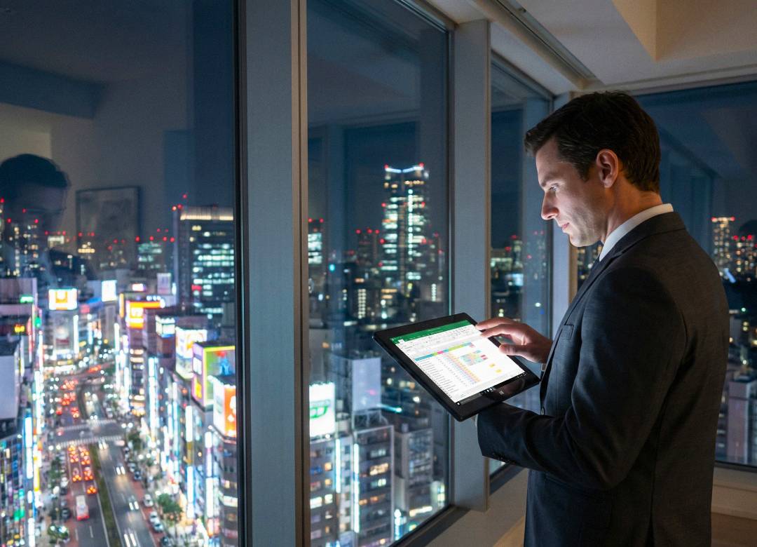Digital nomad using a Fusion5 Windows tablet in a high rise apartment overlooking a modern city at night