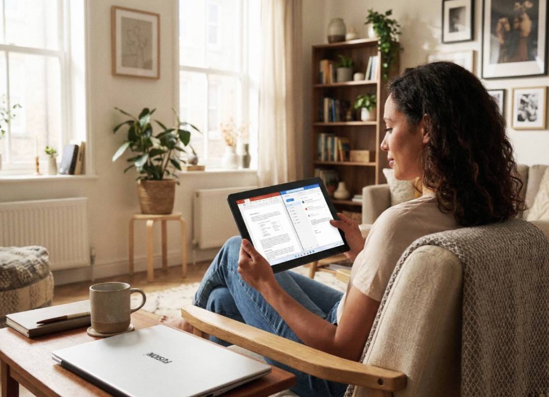 Person using a Fusion5 Windows tablet at home for email and document tasks with a closed laptop nearby in a bright modern living room