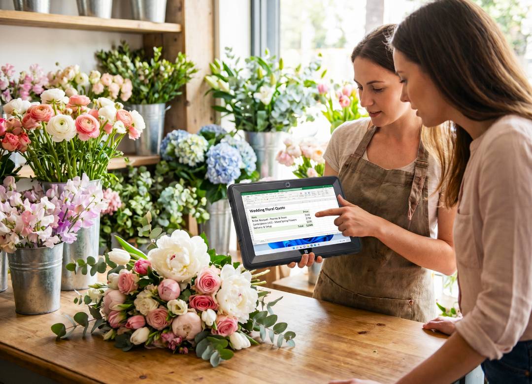 florist showing customer a wedding floral quote on Fusion5 Rugged Pro N5 Windows tablet beside spring flower bouquet