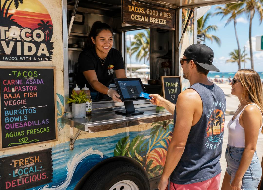 taco food truck beach Florida using Windows tablet POS system for card payment customer ordering tacos small business mobile POS setup