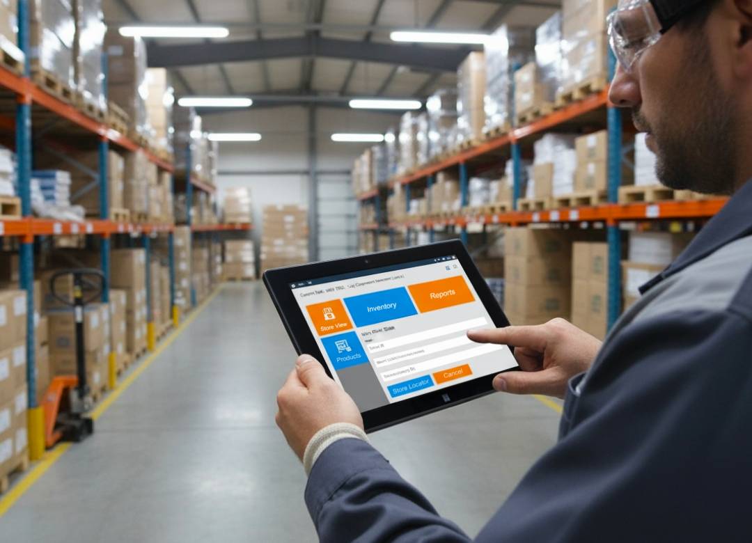 Furniture warehouse worker using a Fusion5 Windows tablet to manage inventory data in a furniture manufacturing storage facility.