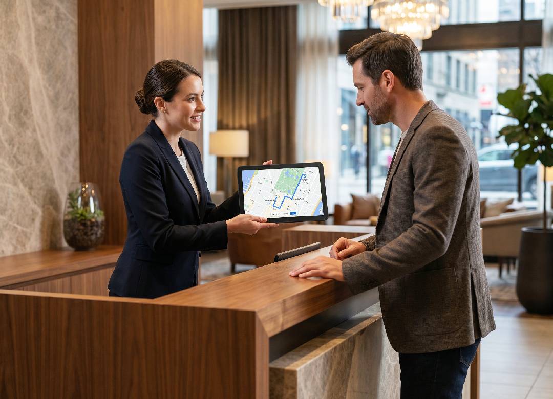 Hotel concierge showing a guest a city map on a Windows tablet at a modern reception desk.