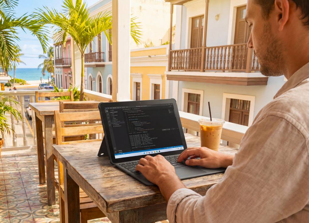 Fusion5 HELIOS10 Windows tablet with docking keyboard used for Claude Code in a portable tropical coffee shop workspace