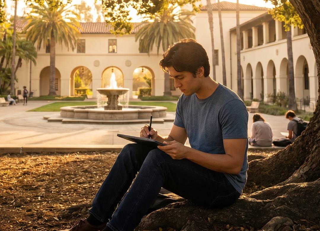 College student using a Fusion5 Helios12 Windows tablet with stylus for note-taking and research on a university campus