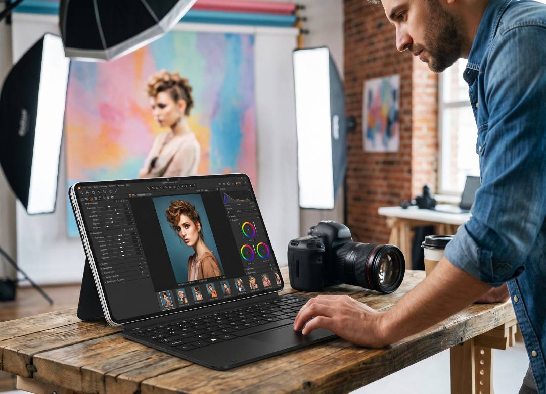 Photographer editing portrait photos on a Windows tablet with keyboard in a studio setup, showcasing mobile photo editing workflow