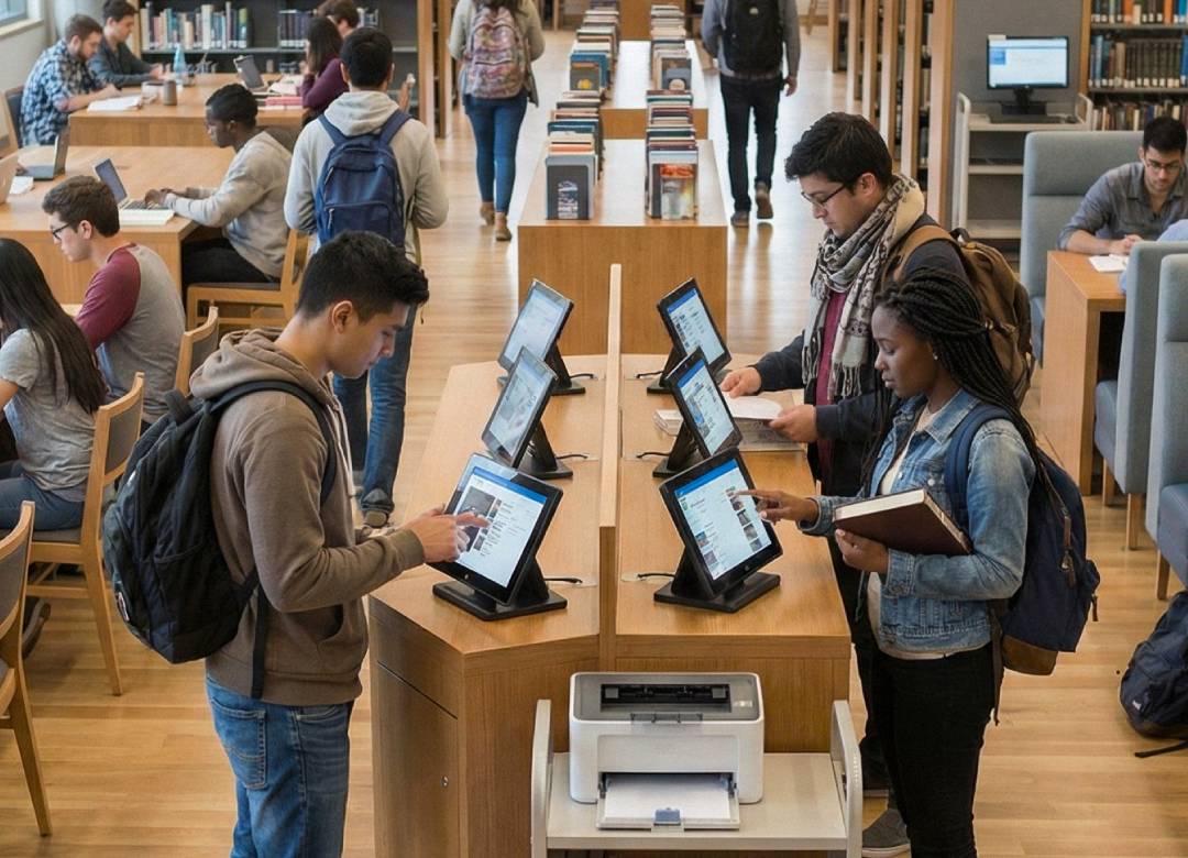 Students using Windows tablets in a university library kiosk for research, printing, and book lookup — modern connected campus technology powered by Fusion5.