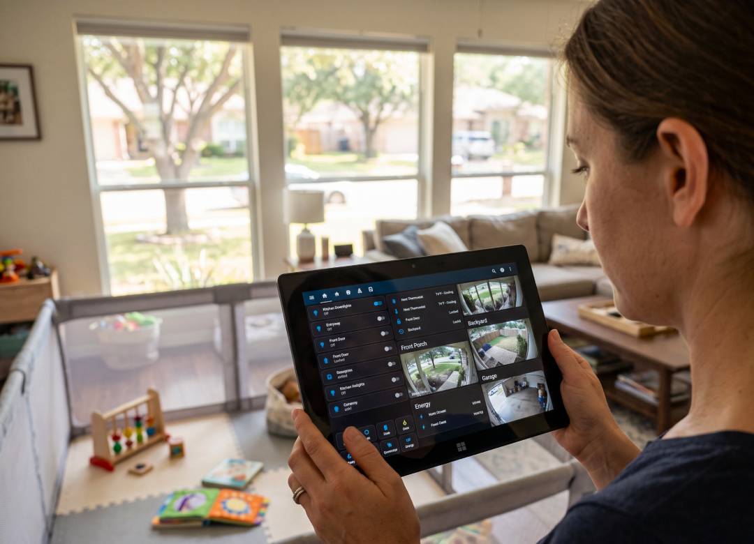 Woman holding a Fusion5 PRO N5 Windows tablet displaying a Home Assistant home security dashboard in a family living room