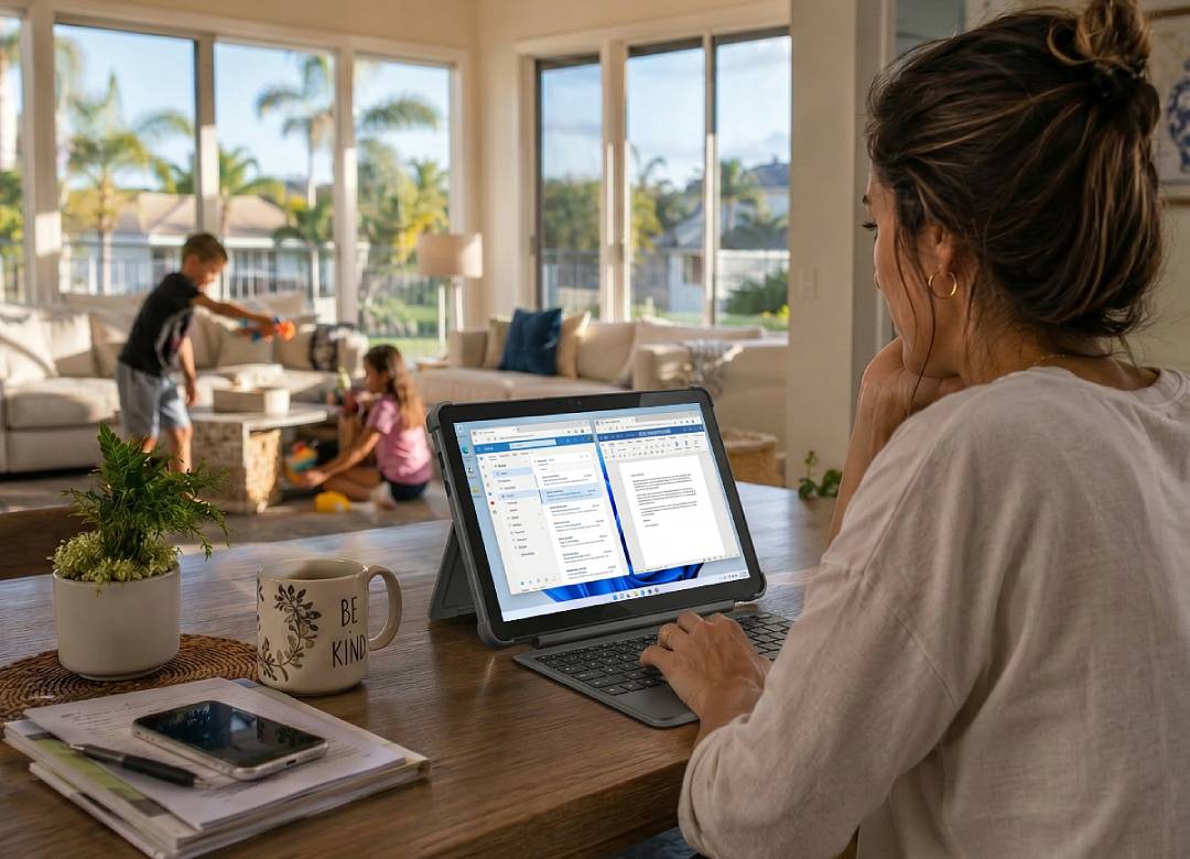 Mother using a Fusion5 Windows tablet with keyboard for remote work at home while children play in the background.