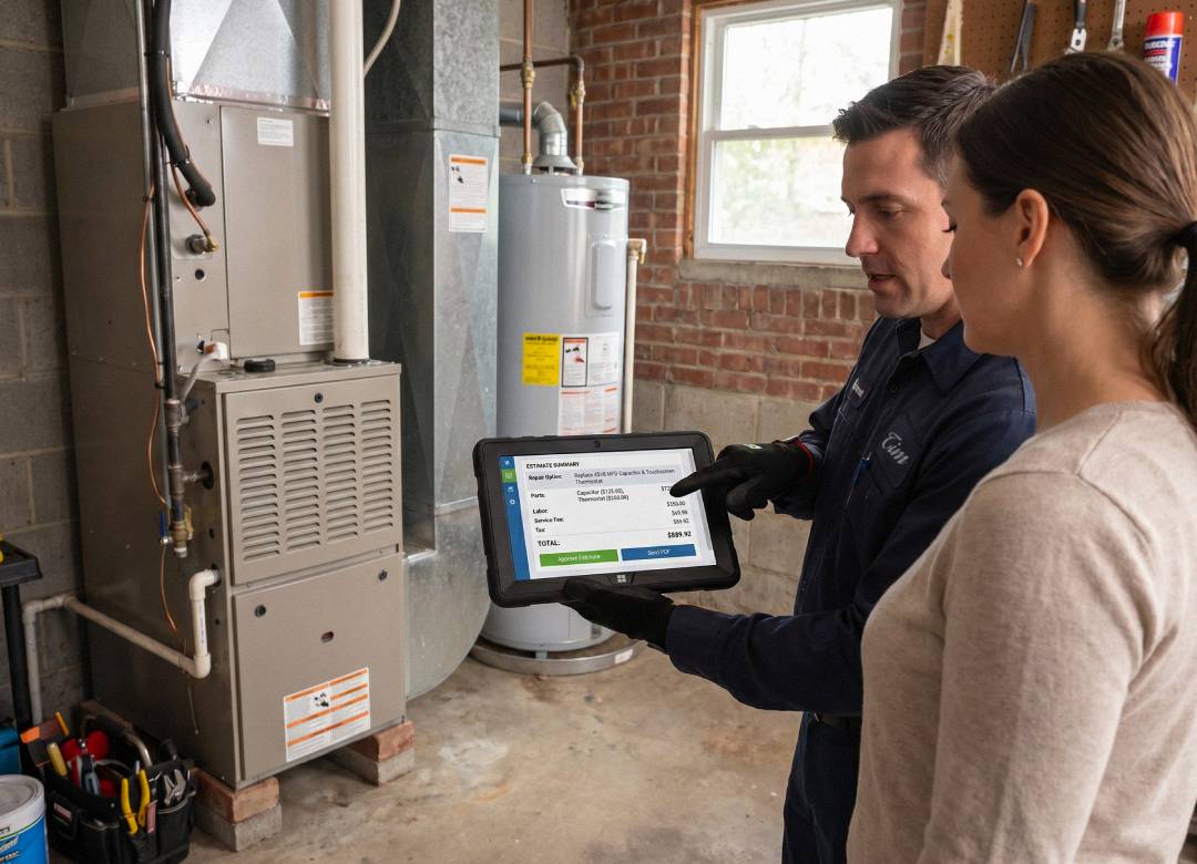 Fusion5 rugged Windows tablet showing an HVAC estimate summary to a homeowner beside a furnace and water heater during an on-site service visit