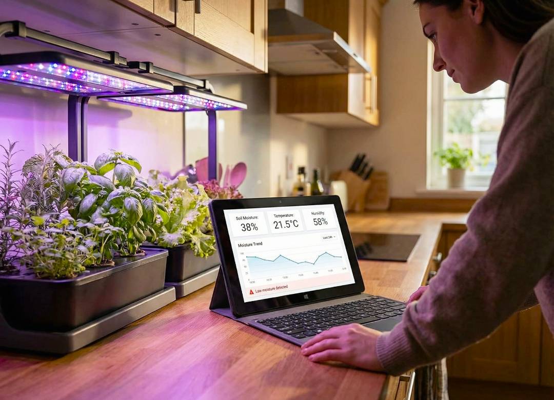 Windows tablet displaying indoor farming sensor data next to home hydroponic garden setup with LED grow lights