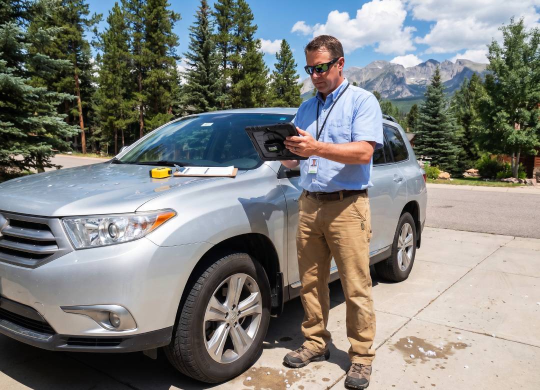 Insurance adjuster using a Fusion5 rugged Windows tablet to document vehicle damage during a field claim inspection
