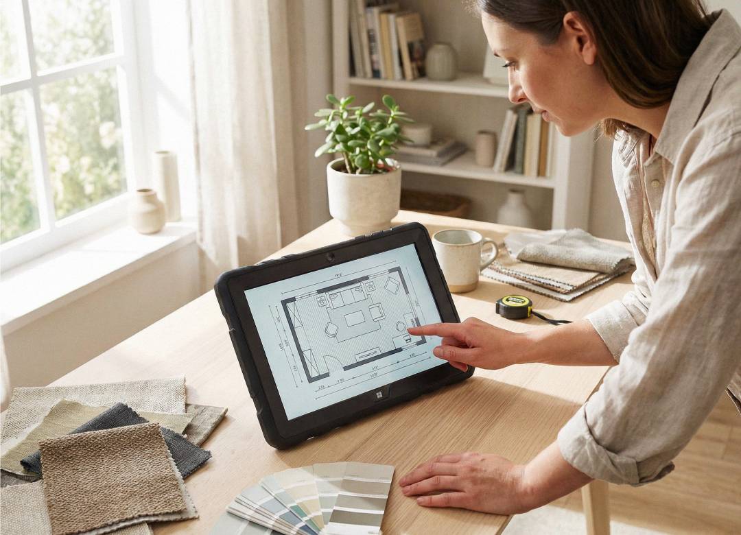 Interior designer reviewing digital floor plan on Fusion5 Rugged Windows tablet at desk with fabric samples and colour swatches