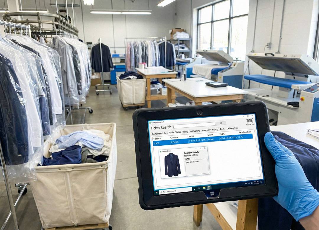 Fusion5 rugged Windows tablet showing garment order lookup and ticket search inside a dry cleaning and laundry work area with clothing racks, pressing equipment, and bagged garments in the background