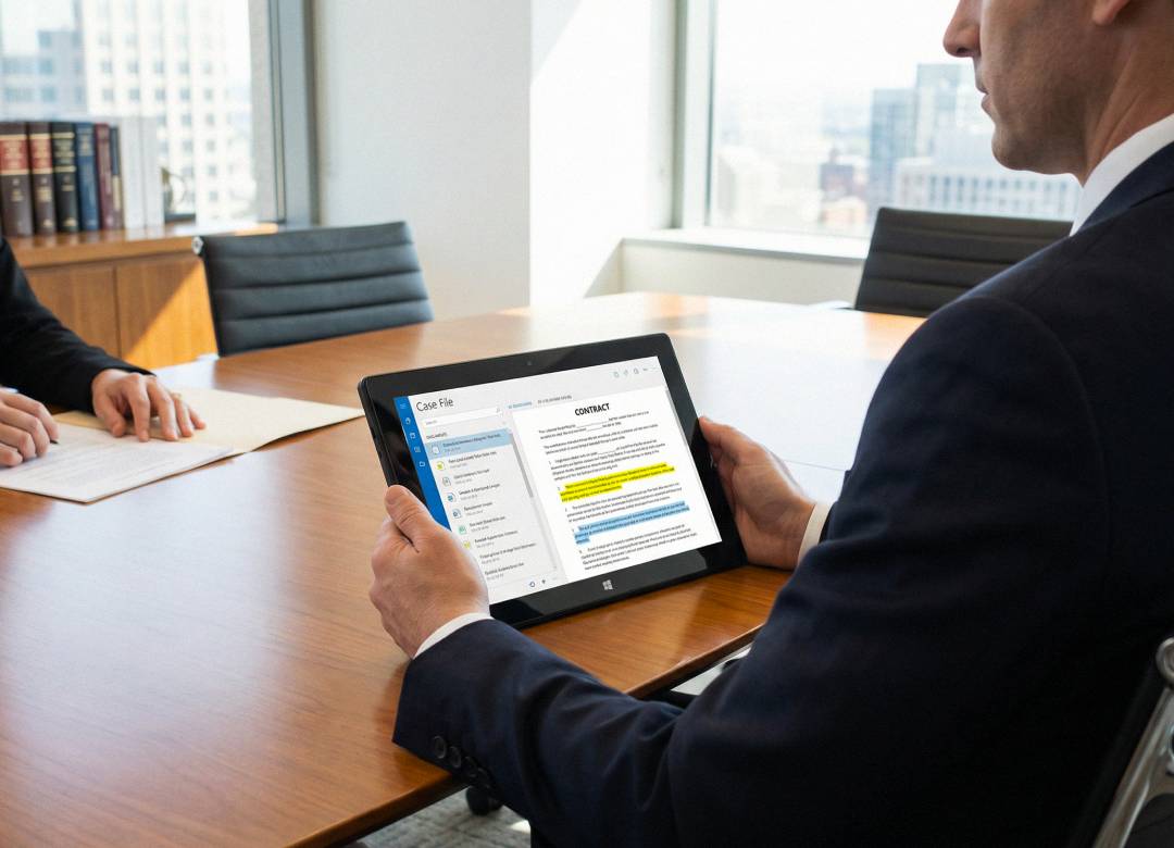 Attorney reviewing digital contract on 10.1 inch Windows tablet during law firm meeting