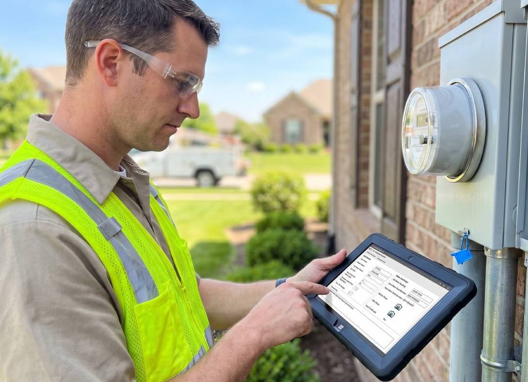 Utility technician using a Fusion5 rugged Windows tablet to complete smart meter installation work orders and field checklists