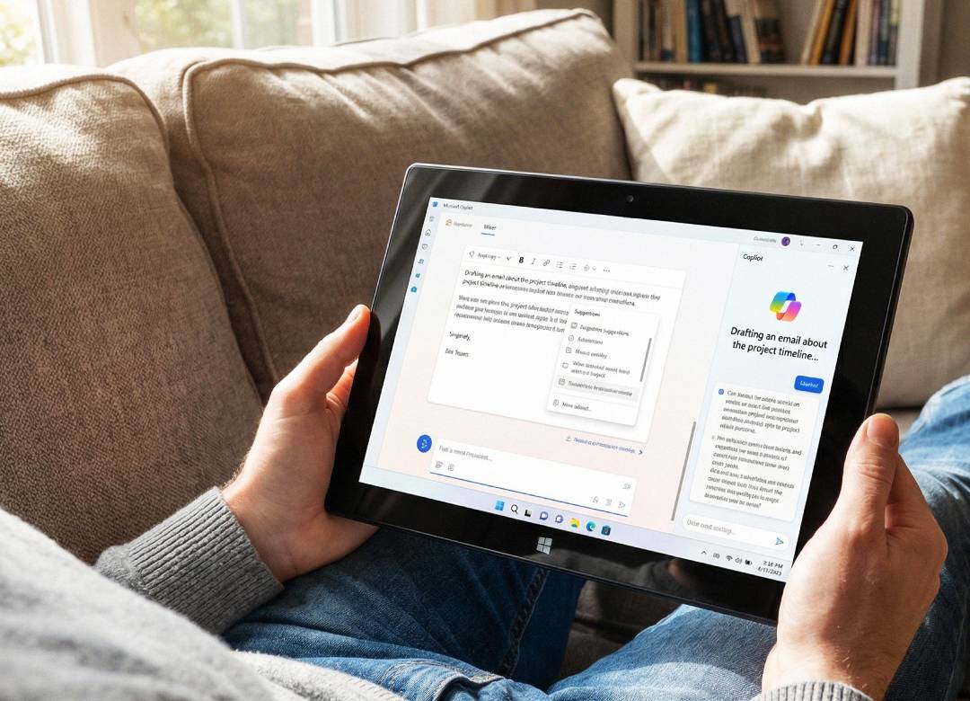 Microsoft Copilot open on a Fusion5 Windows tablet held on a sofa, showing a realistic AI assistant interface helping draft an email
