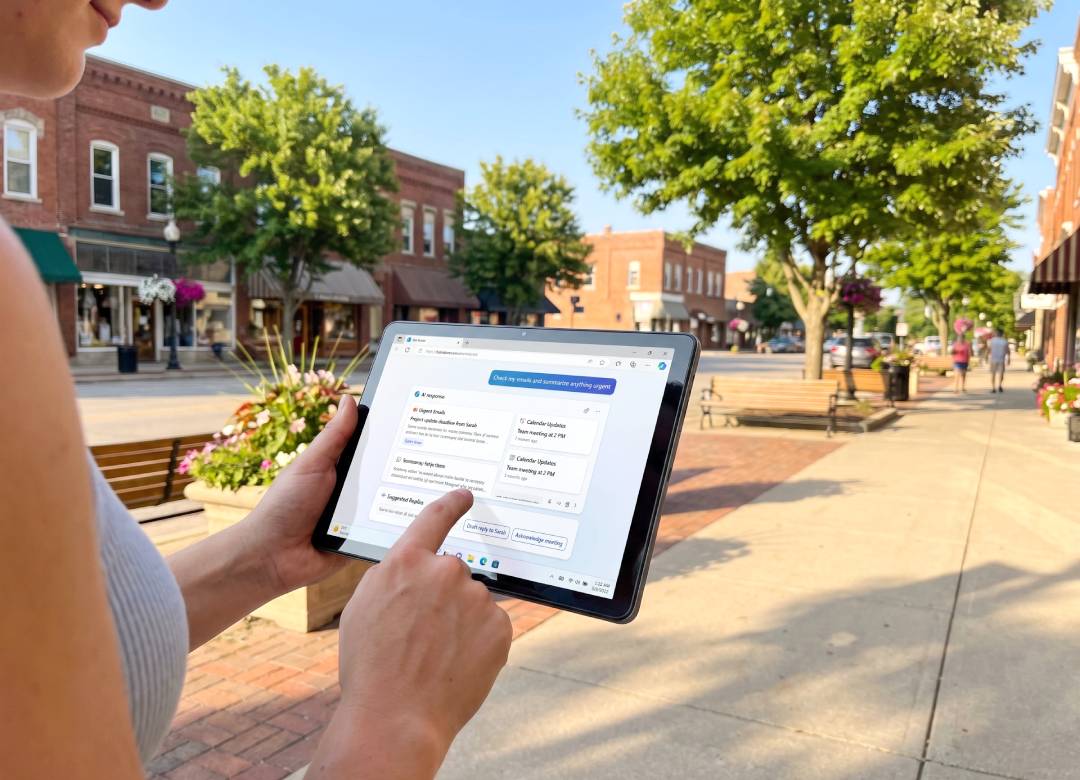Person using a Fusion5 Helios10 Windows tablet outdoors on a summer day, managing OpenClaw AI tasks for email and calendar workflow
