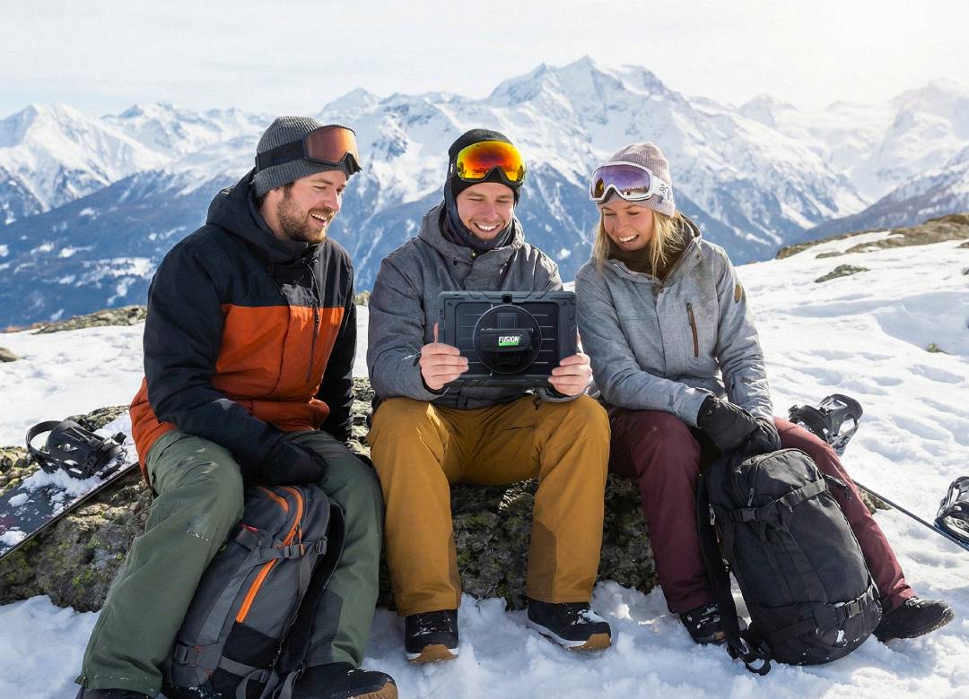 Three snowboarders sitting on a snowy mountain ridge reviewing footage on a Fusion5 rugged tablet with scenic snow-covered peaks in the background.