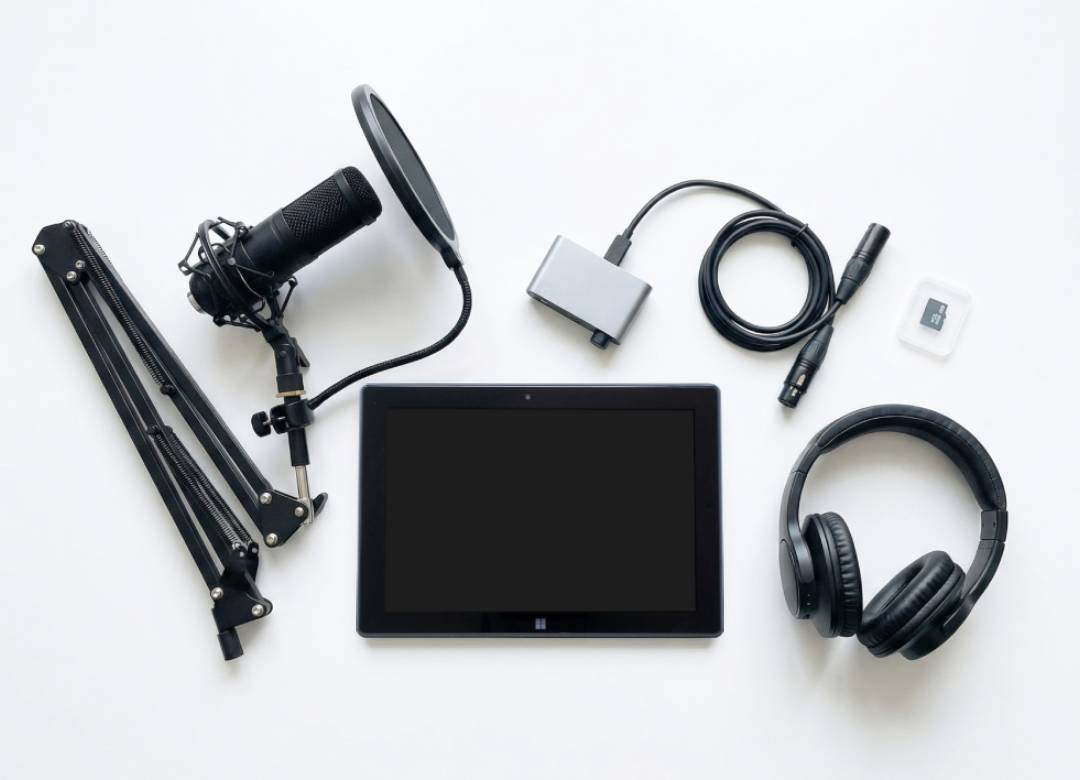Portable podcast kit with Windows tablet, USB-C audio interface, dynamic mic with pop filter, XLR cable, and headphones.