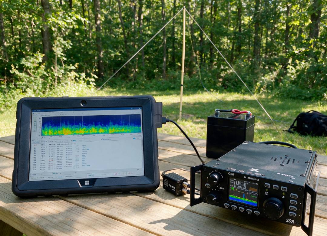 Fusion5 rugged Windows tablet running WSJT-X beside a Xiegu G90 and DigiRig Mobile in a portable POTA FT8 station