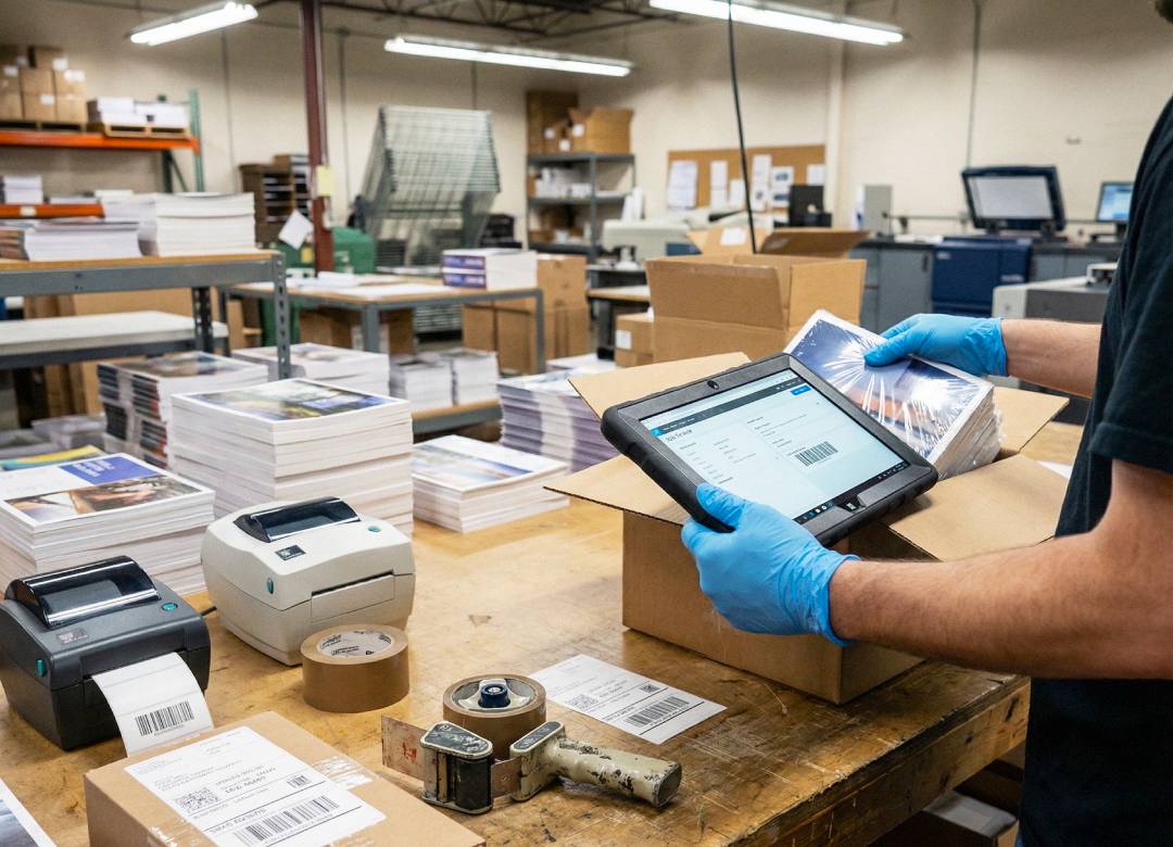 Warehouse worker packing printed materials while using a Fusion5 rugged Windows tablet to verify job ticket and shipping labels