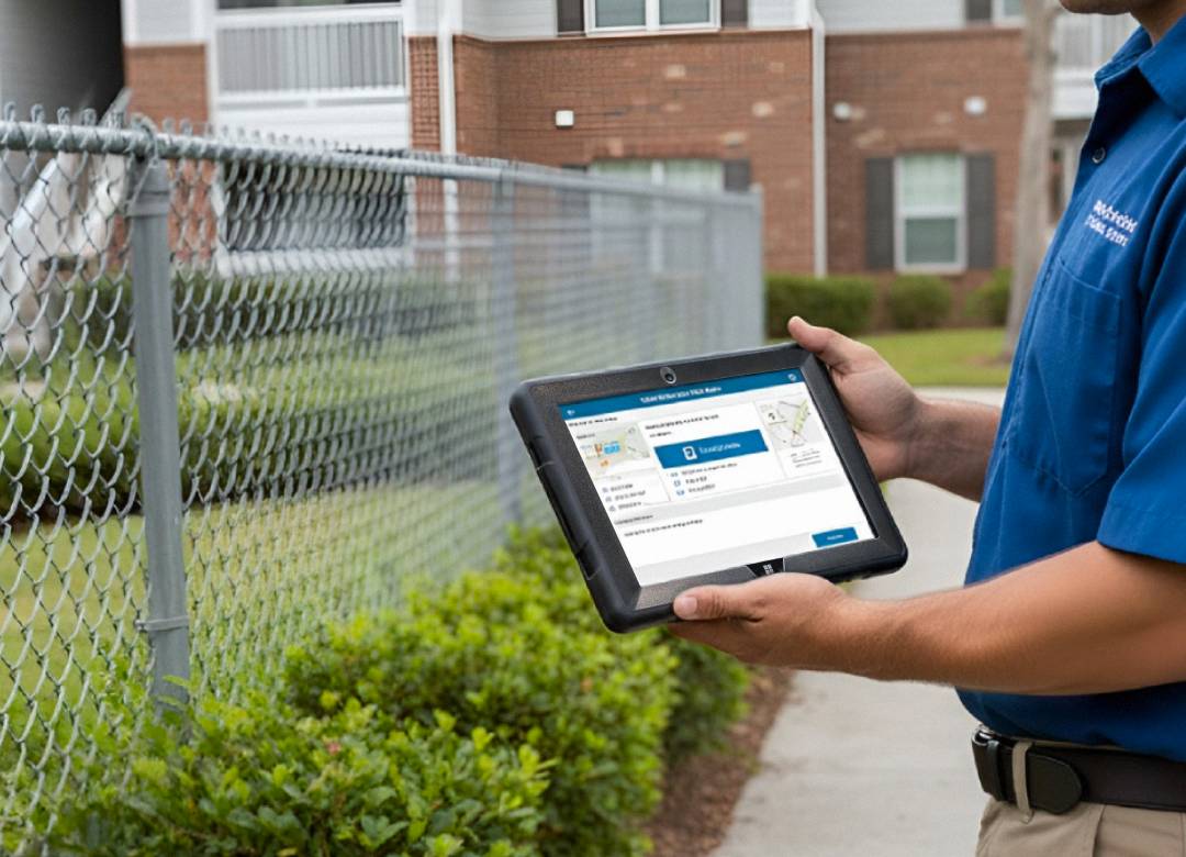 Community maintenance worker using a 10.1-inch rugged tablet outdoors to inspect and document a fence issue at an apartment complex.