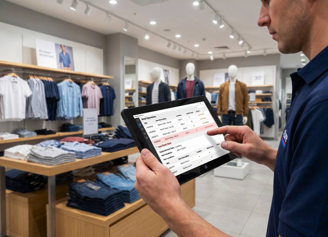 Retail employee using a Fusion5 Windows tablet for stockroom audits and retail inventory reporting