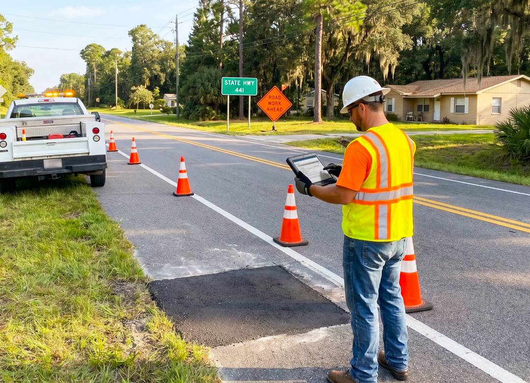 Road crew worker using a rugged Windows tablet during a public works highway inspection with traffic cones and repair documentation
