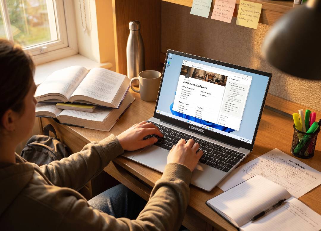 Fusion5 Lapbook S15 N6 student laptop used for Notion AI, online classes, schoolwork, research, and back-to-school study planning