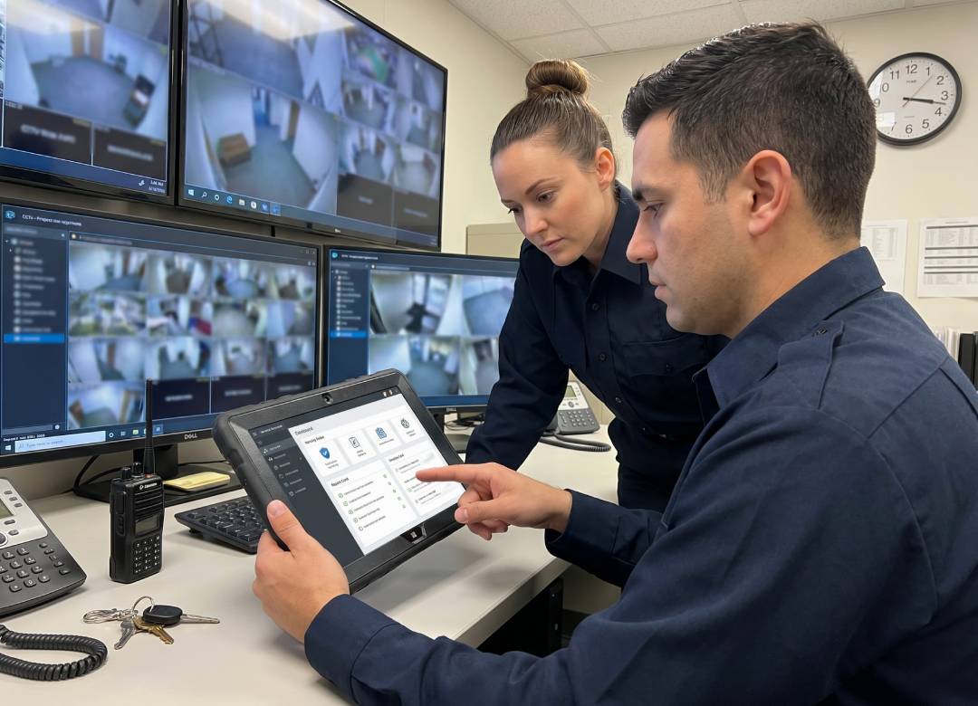 Security guards reviewing incident reports and patrol logs on a rugged Windows tablet in a CCTV control room