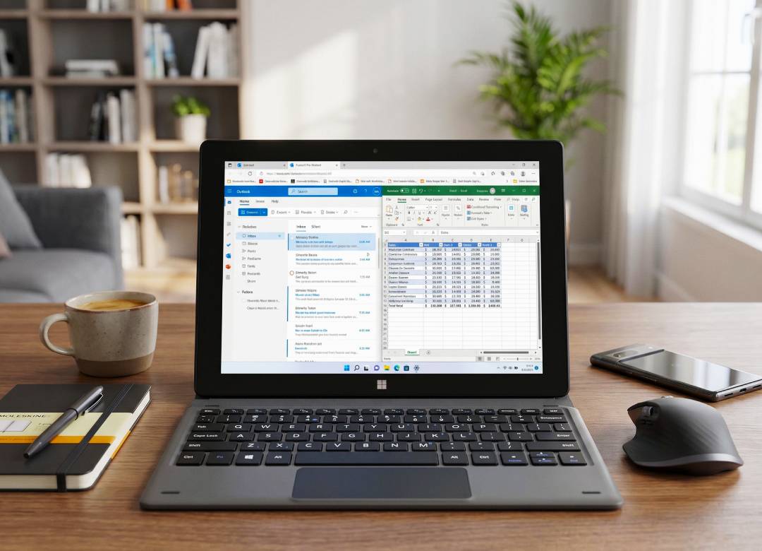 Fusion5 Pro N5 Windows 11 tablet with keyboard dock displaying Outlook email and Excel spreadsheet for business productivity, multitasking, and everyday work tasks