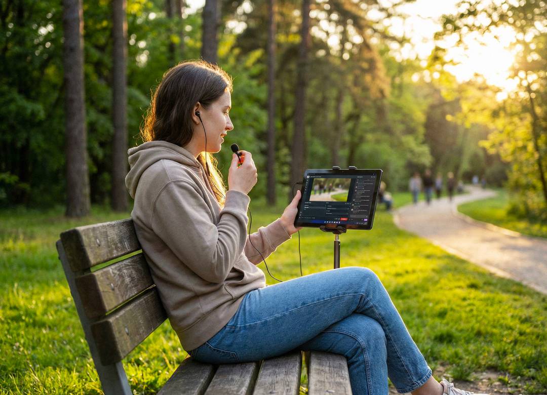 Woman live streaming on a Windows tablet in a park using a Fusion5 Pro N5 on a tripod stand