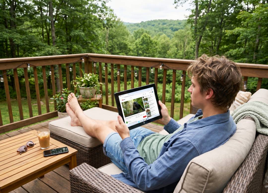 Fusion5 PRO N5 Windows tablet used for summer streaming on a patio deck with a scenic wooded view