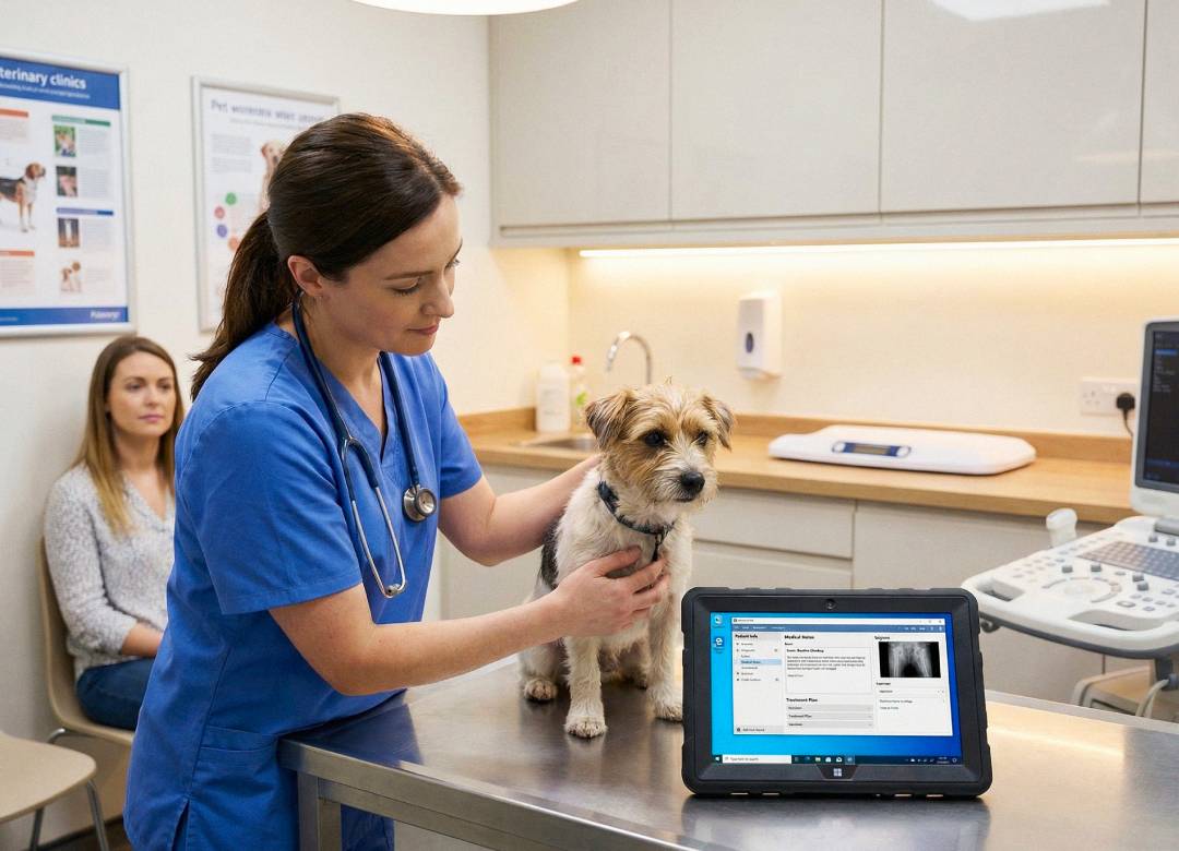 Veterinarian examining a dog in clinic while using a rugged Windows tablet displaying patient records