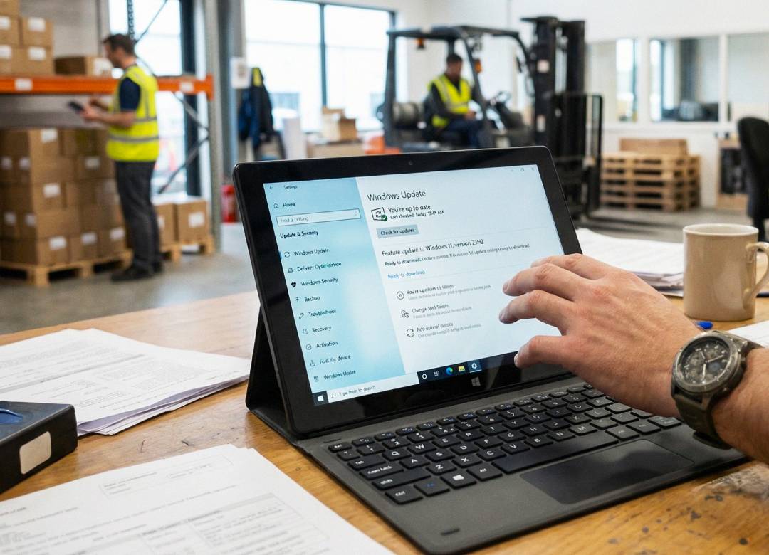 Worker using a Windows tablet showing Windows Update settings in a warehouse office