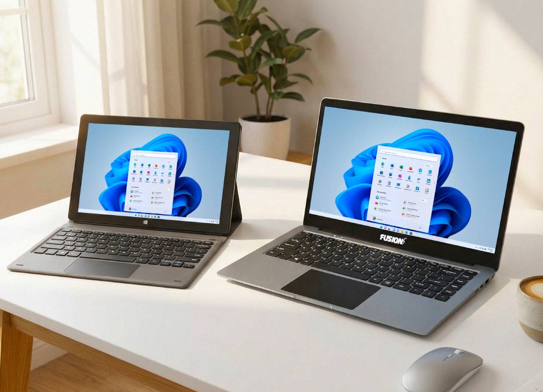 Fusion5 tablet and Fusion5 laptop side by side on a bright desk running Windows 11, showing a dual-screen workspace setup.