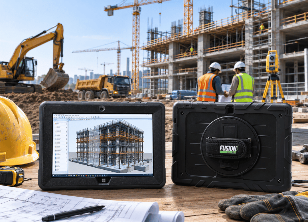 Rugged Windows tablet displaying a BIM construction model on an active building site with heavy machinery, cranes, engineers, and construction equipment, illustrating machine control and BIM workflows for construction projects.