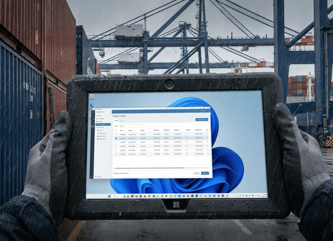Rugged Windows tablet displaying cargo tracking software in a busy shipping port, highlighting a durable, dock-ready design for logistics and port operations.