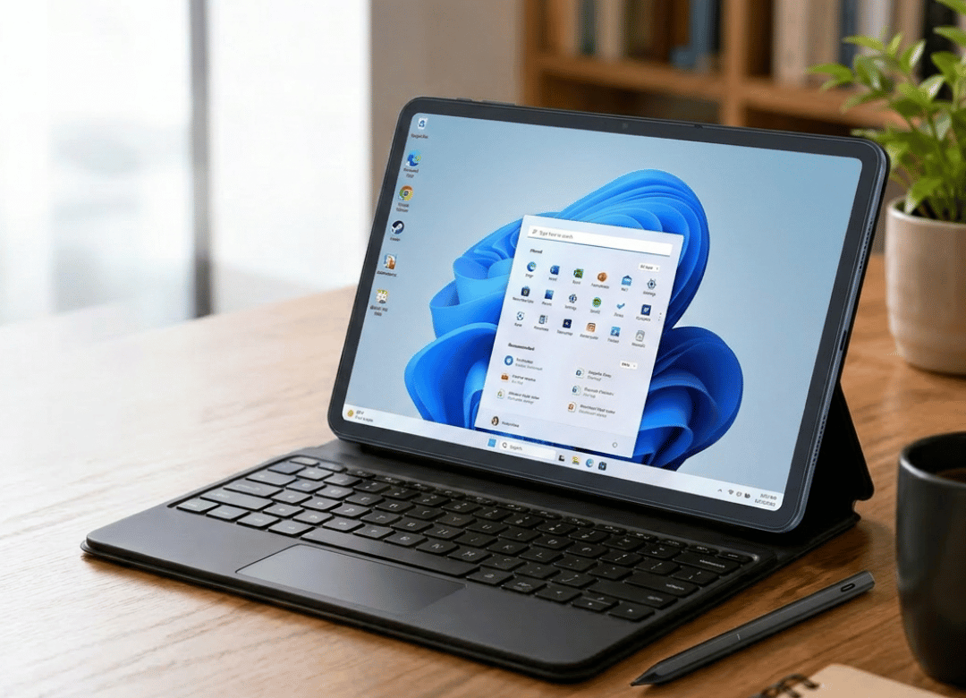 Tablet PC Guide 2026 showing a Windows tablet with keyboard and stylus, highlighting the best tablet PC models, specs, and prices.