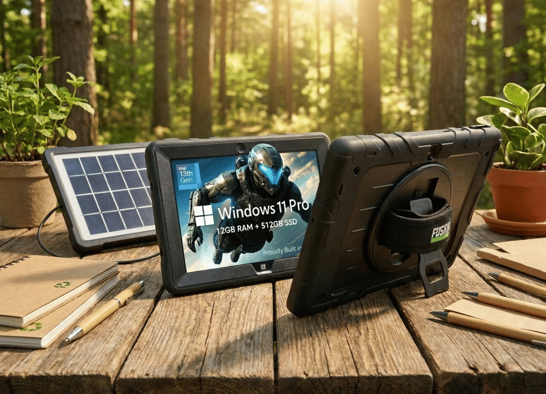 Tablet sustainability with a durable Windows 11 Pro tablet, solar charging, and eco-friendly design for long-term use